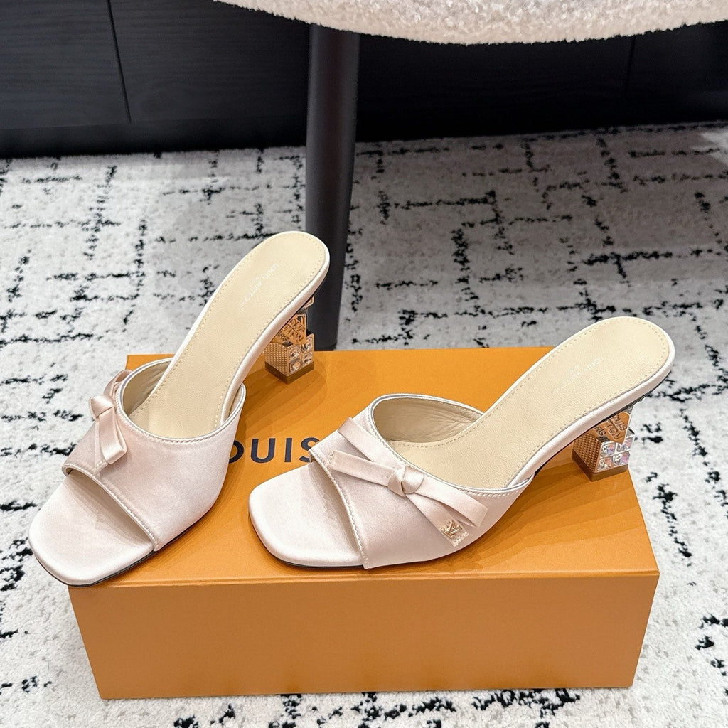 LV Cube Mules 7cm Light Pink Silk Fabric Sheepskin 880424