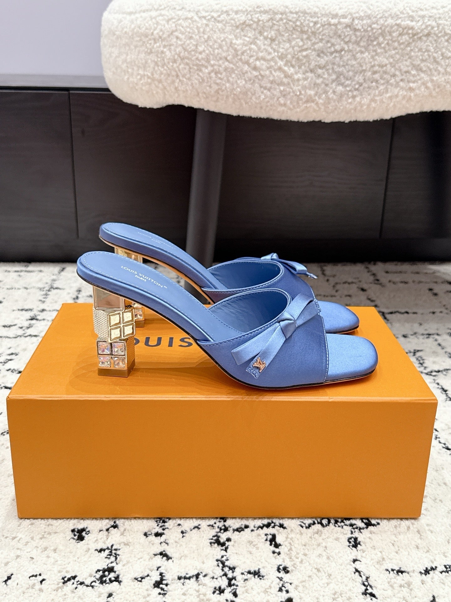 LV Cube Mules 7cm Light Blue Silk Fabric Sheepskin 880425