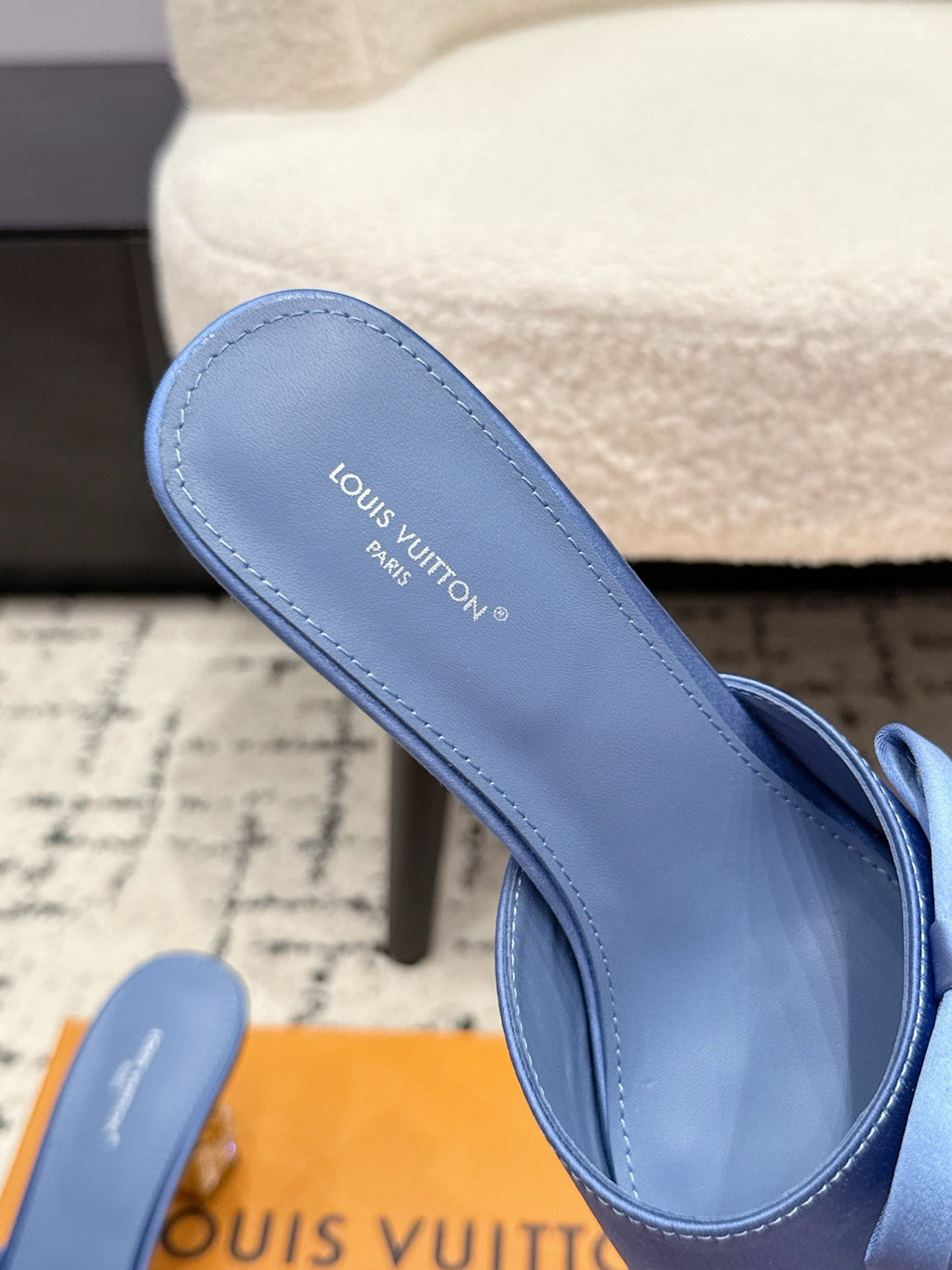 LV Cube Mules 7cm Light Blue Silk Fabric Sheepskin 880425