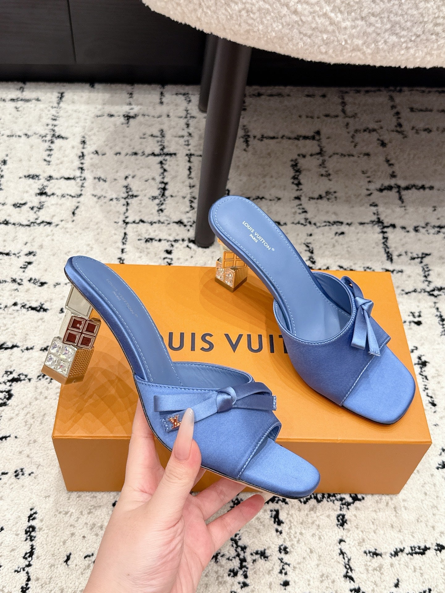 LV Cube Mules 7cm Light Blue Silk Fabric Sheepskin 880425