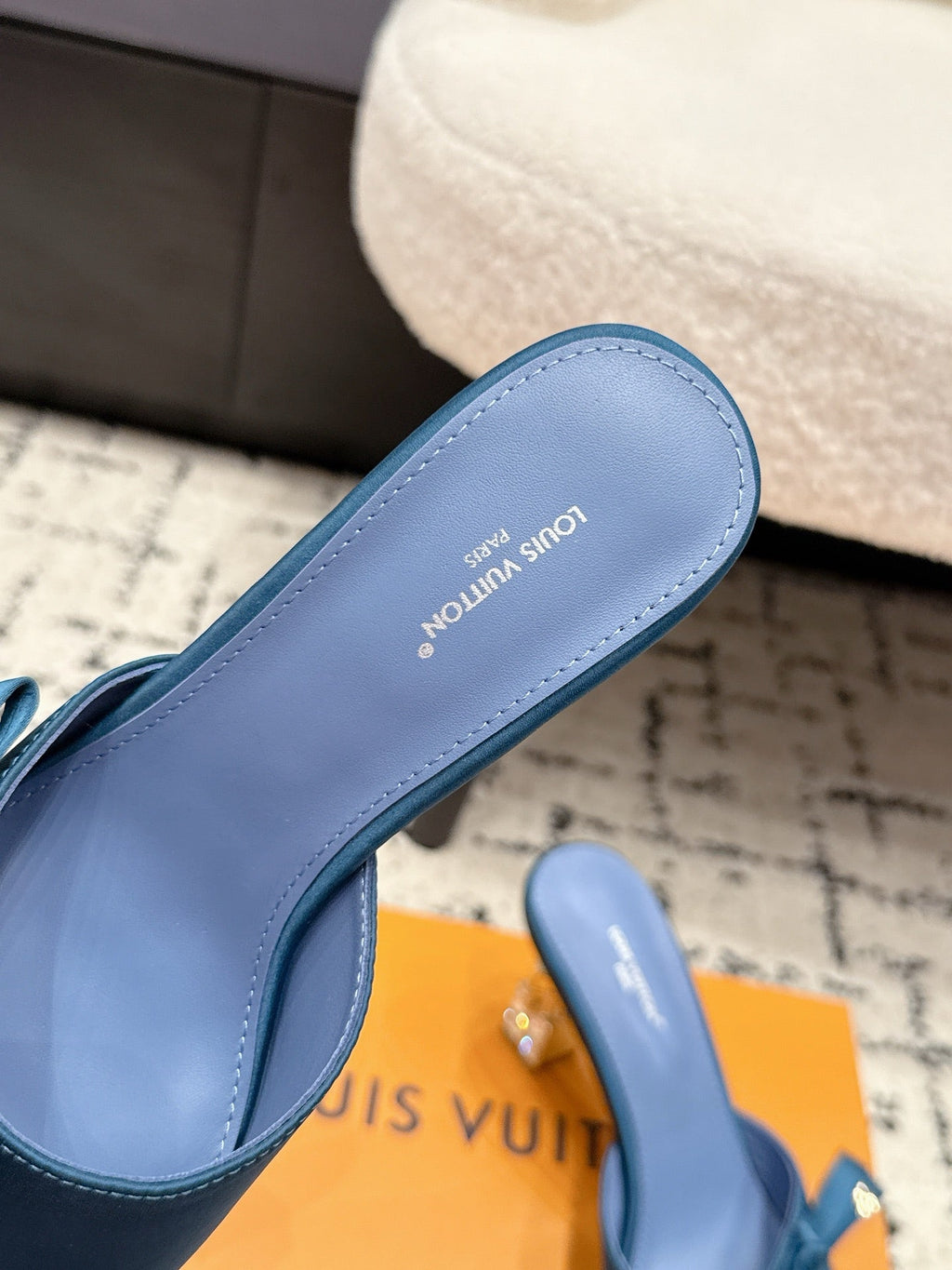 LV Cube Mules 7cm Blue Silk Fabric Sheepskin 880427