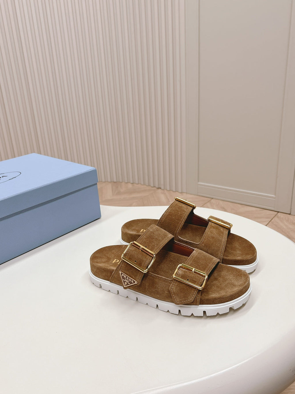 Double Buckle Strap Slides 20 Brown Suede