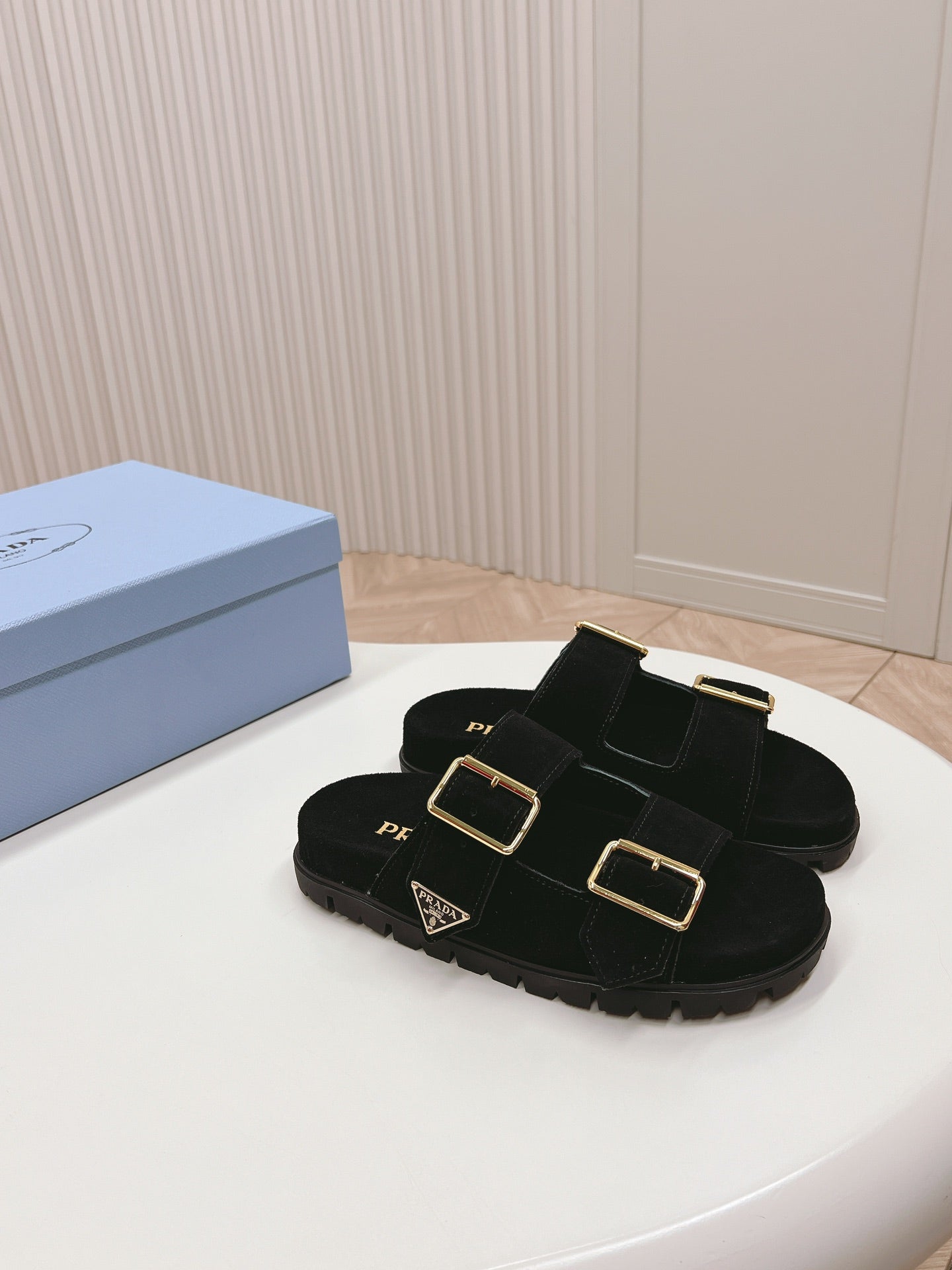 Double Buckle Strap Slides 20 Black Suede