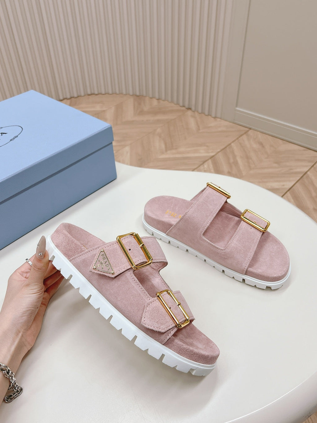 Double Buckle Strap Slides 20 Pink Suede