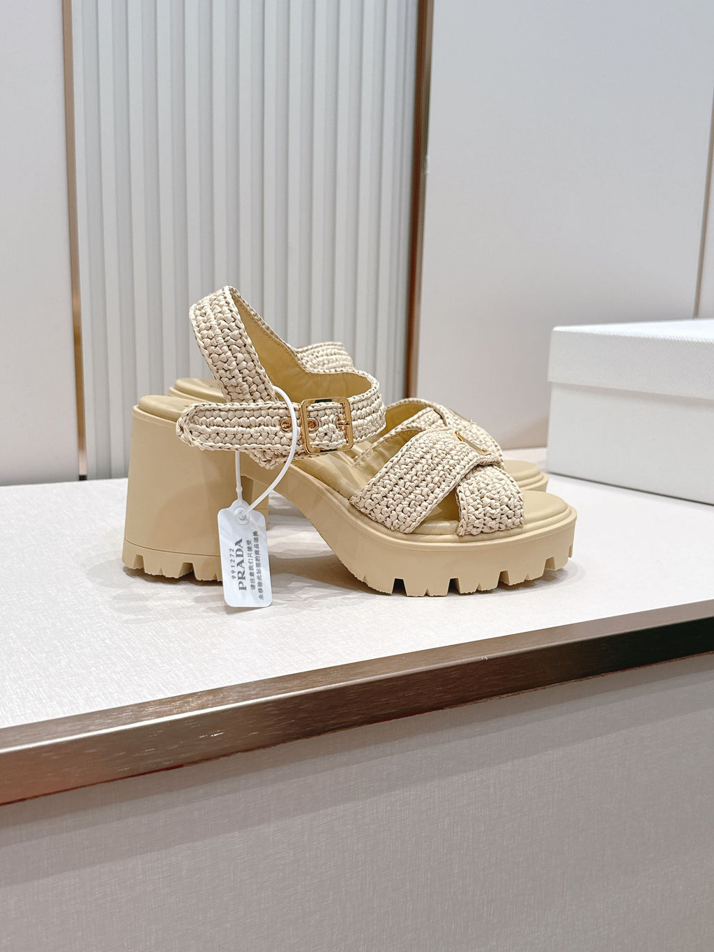 Prada 26s Monolith Sandals Beige Raffia Rubber 838136