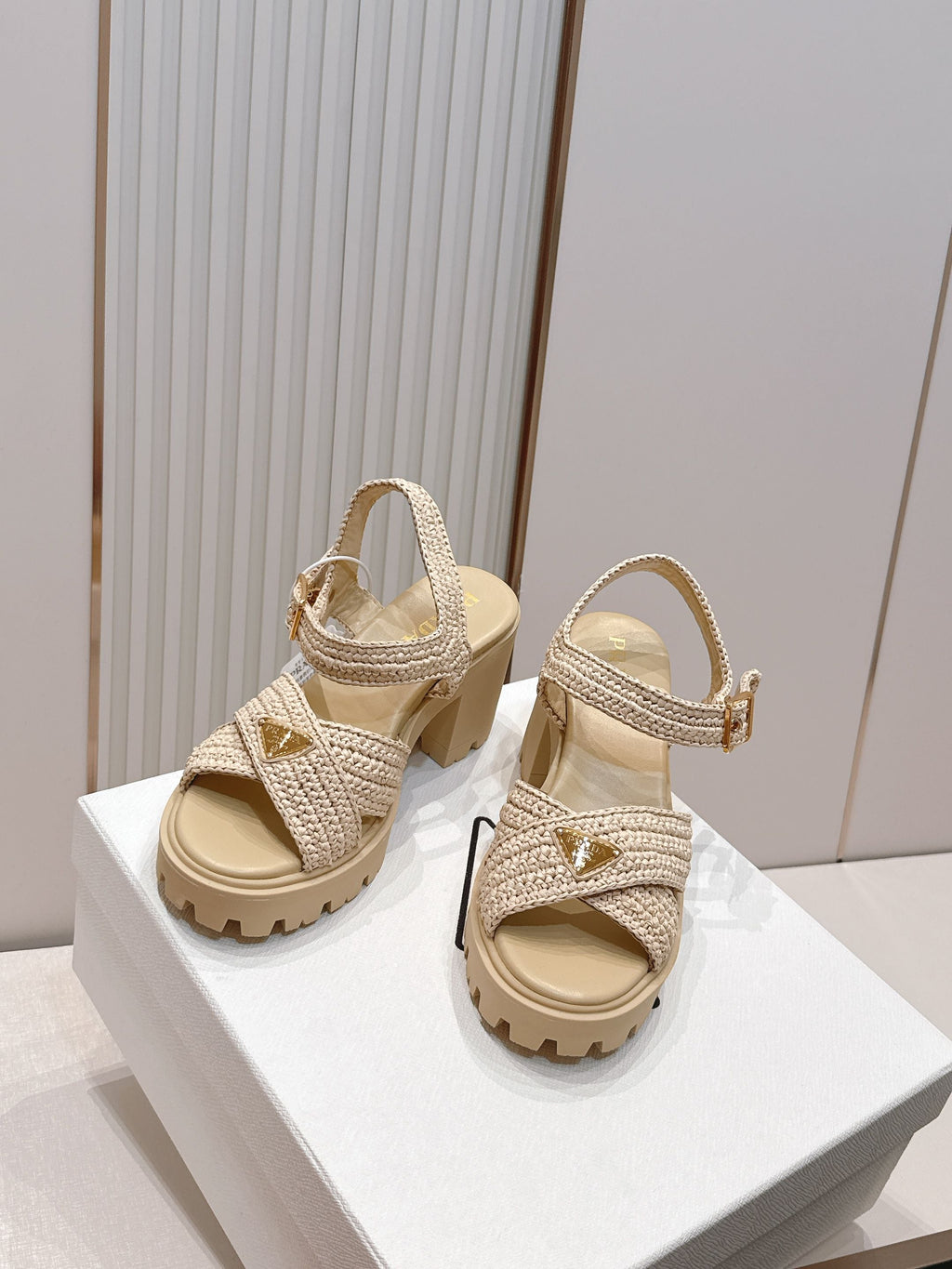 Prada 26s Monolith Sandals Beige Raffia Rubber 838136