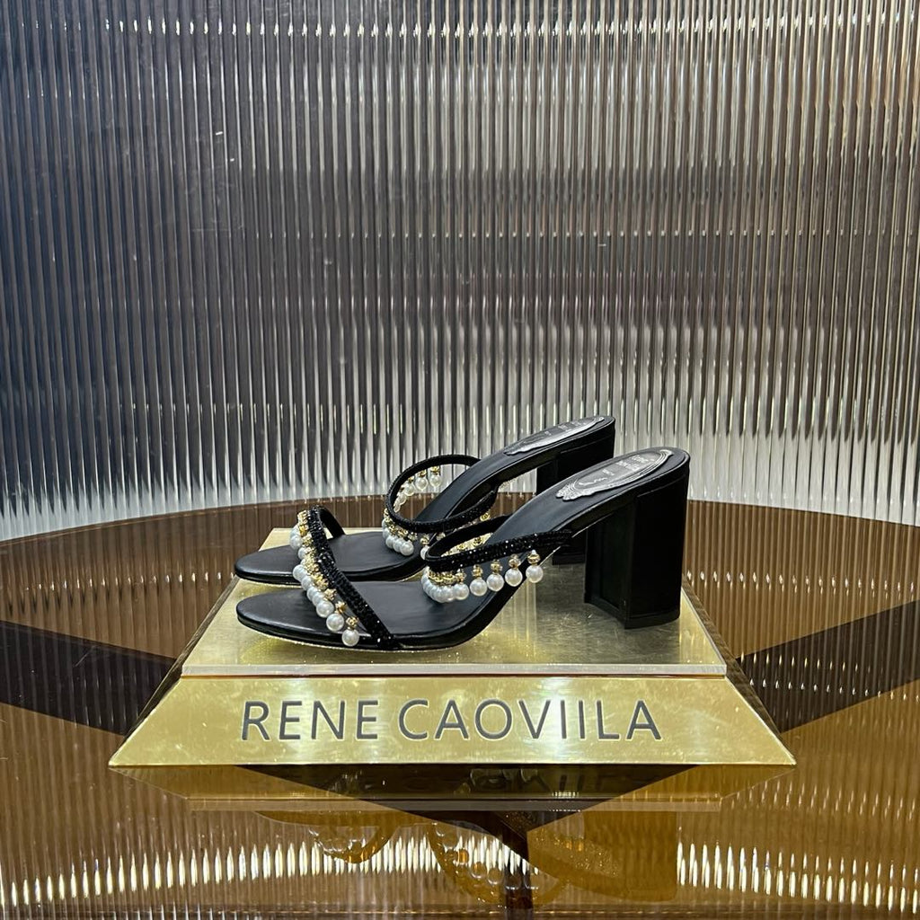 RC Gold Buckle Pearl Crystal Lamp Pendant Sandals 7.5 Black Sheepskin 174996