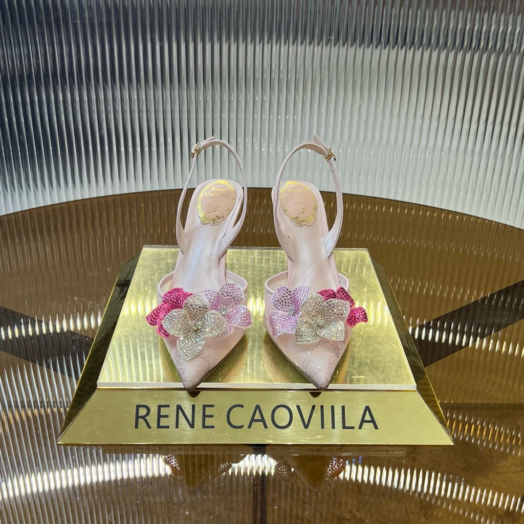 RC 25C Flower-Studded Diamond High-Heeled Sandals Pink Sheepskin 174913