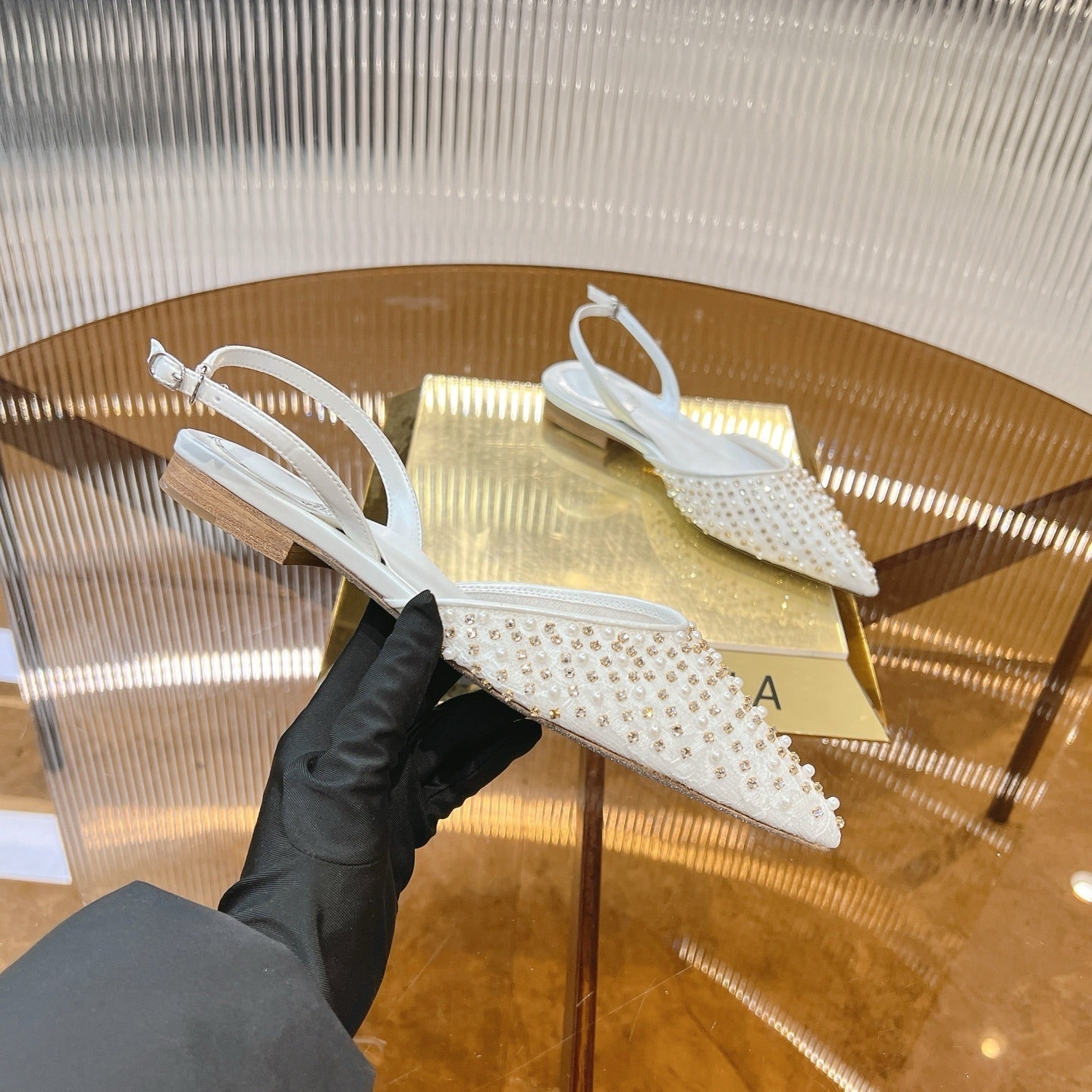 RC Slingback 1cm White Rhinestone Sheepskin 281983