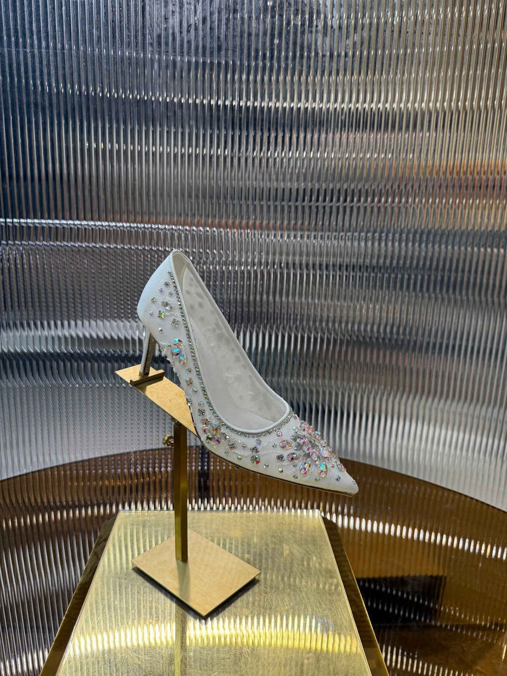 RC 25C Crystal Pearl Gem Lace High Heels White Sheepskin 275753