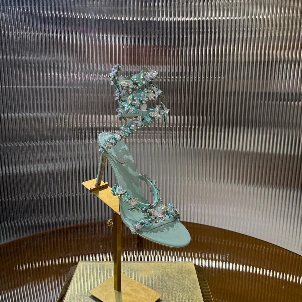 RC 25C Butterfly Flower Sandals Green Sheepskin Rhinestones 310659