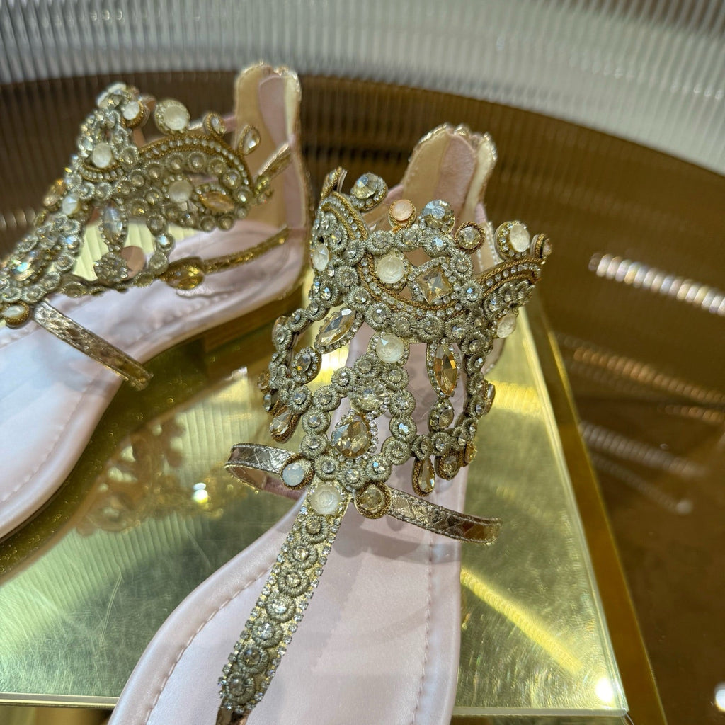 RC 25C Thong Diamond Sandals Pink Gold Sheepskin Rhinestone 339505