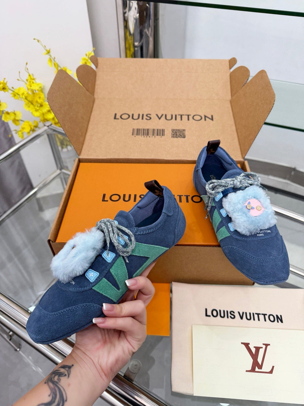 LV Sneakerina Dark Blue Mint Green Suede Fur 579933