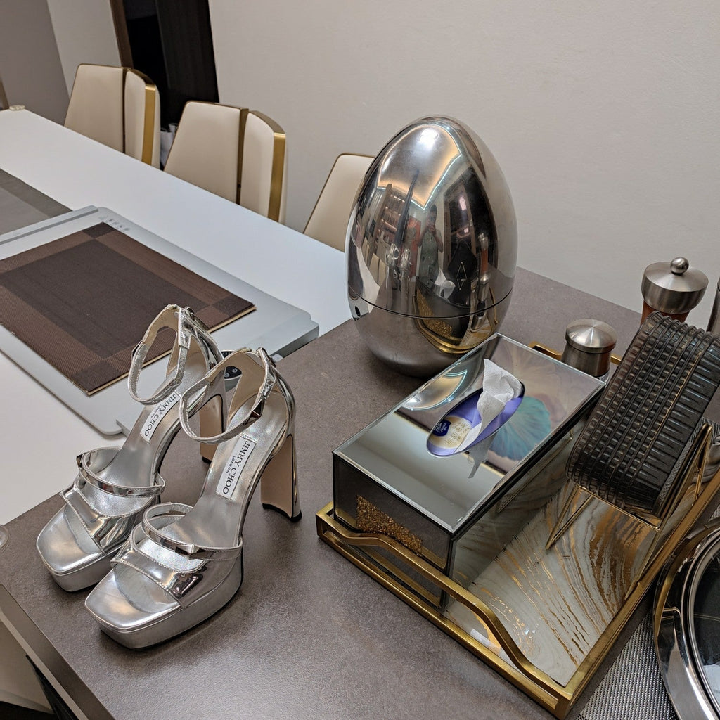 Jimmy 25 Platform Sandal Heels Silver Mirror TPU Material 240008