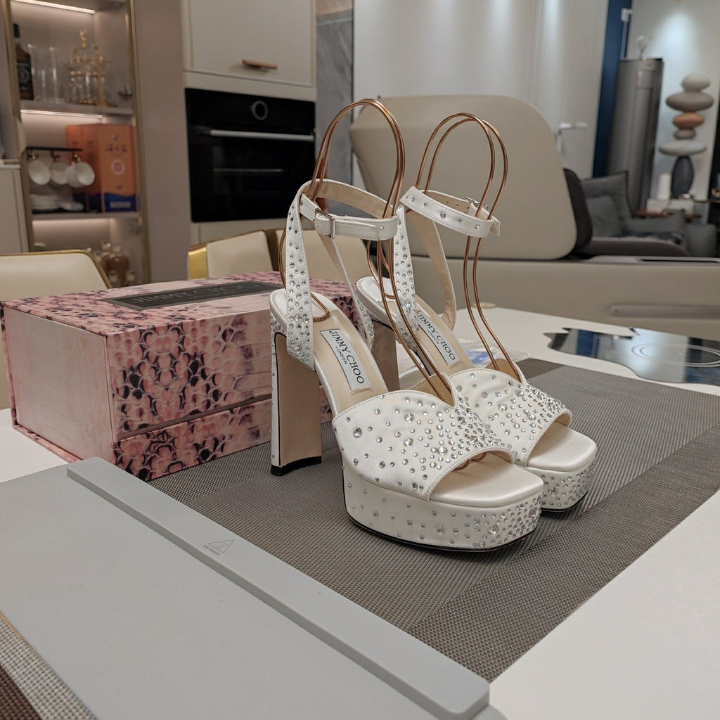 Jimmy 25 Platform Sandal Heels White Silk Satin 240013