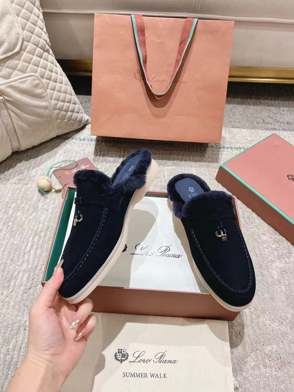 LP Charms Walk Babouche Loafer Space Blue Suede With Rabbit Fur Lining 206227