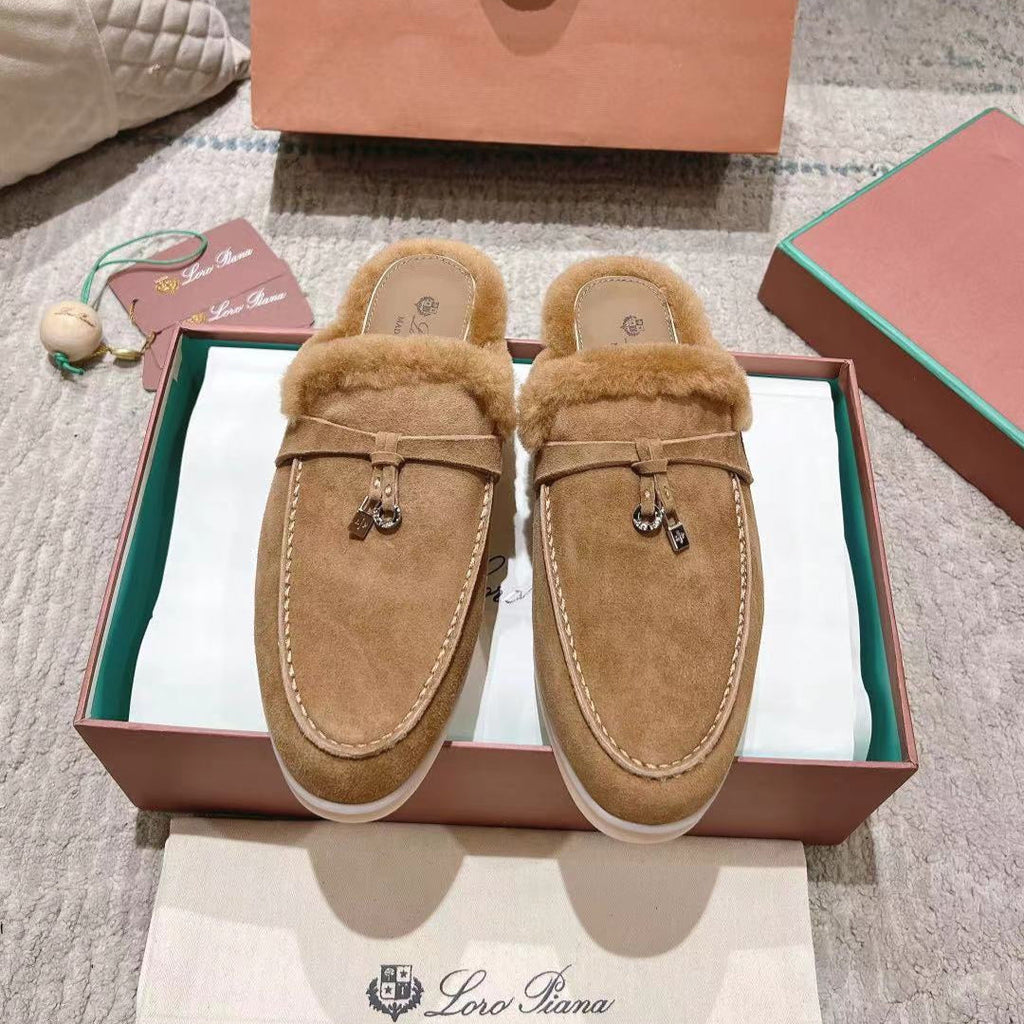 LP Charms Walk Babouche Loafer Marigold Brown Suede With Rabbit Fur Lining 206232