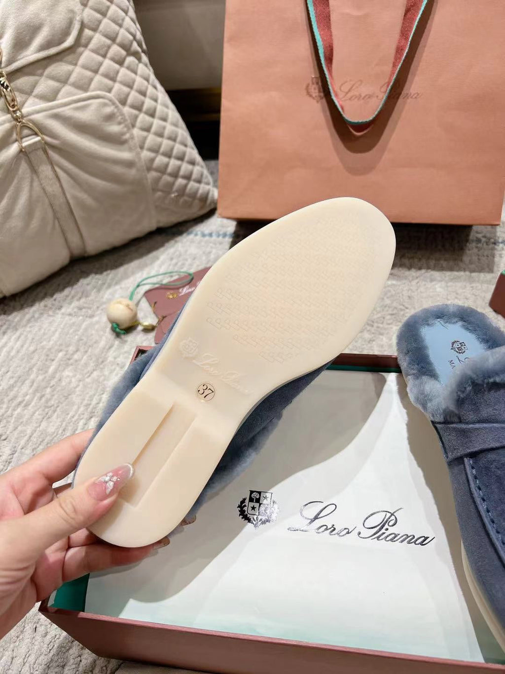 LP Charms Walk Babouche Loafer Pigeon Blue Suede With Rabbit Fur Lining 206238
