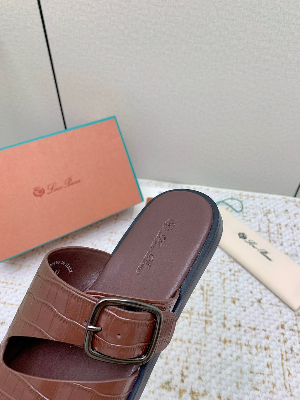 LP Men Sandals In Burgundy Snake Embossed Calfskin