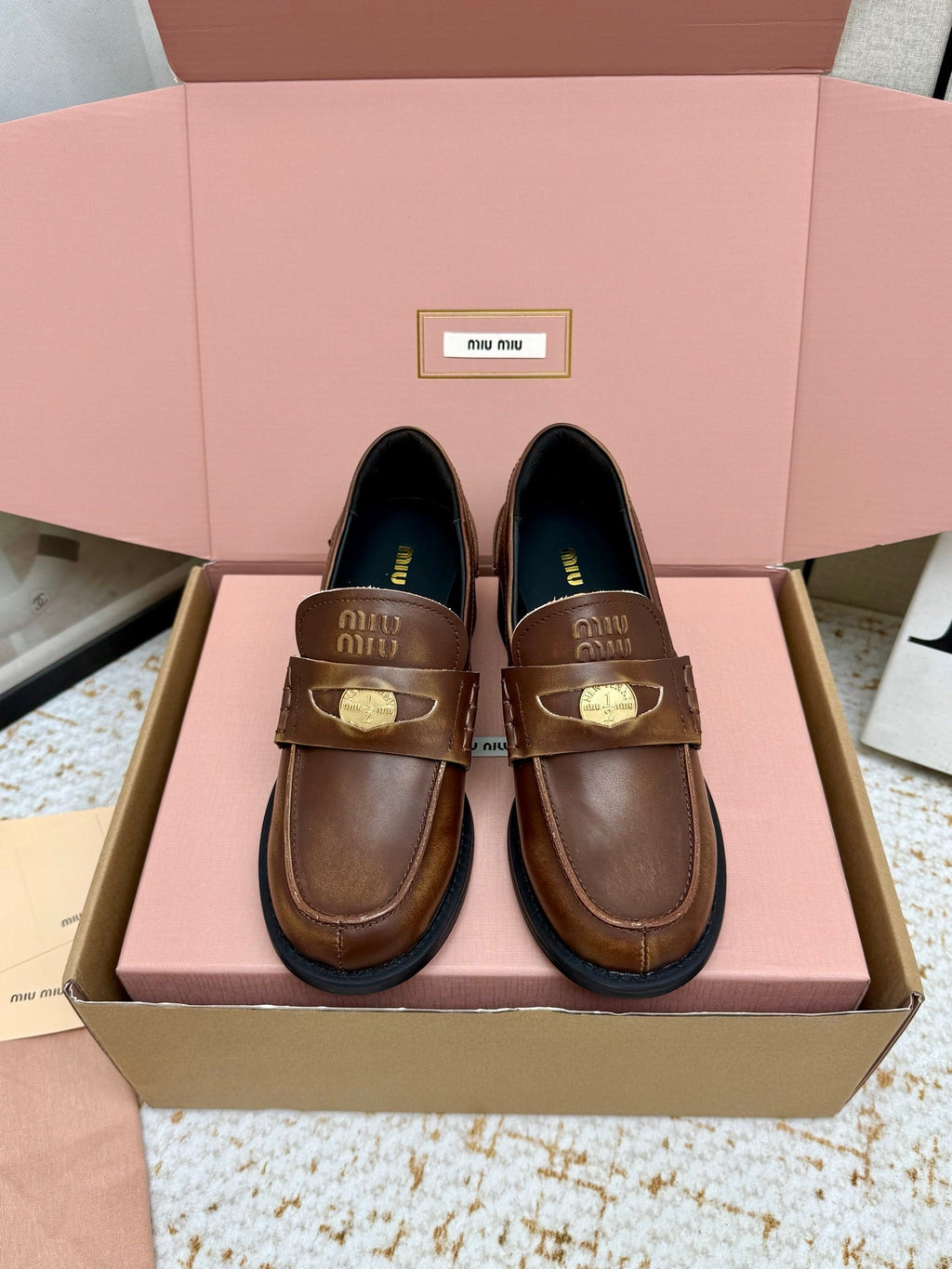 Miu Vintage-Effect Penny Loafers Brown Leather 791005