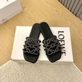 Loewe Petal Anagram Rhinestone Slides Black Leather 723139