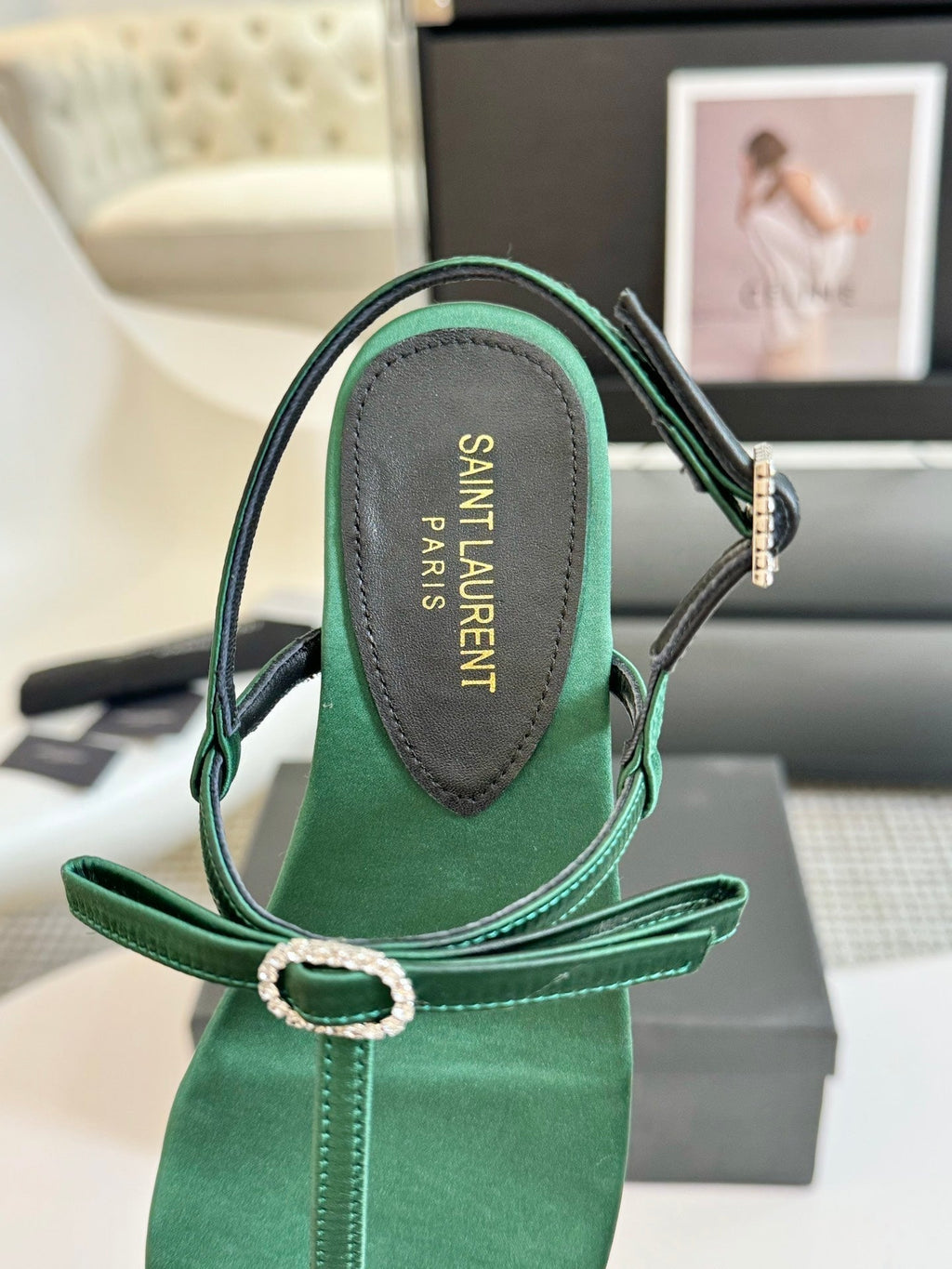 SL Silk Bow T-Strap Flat Sandals Green Leather