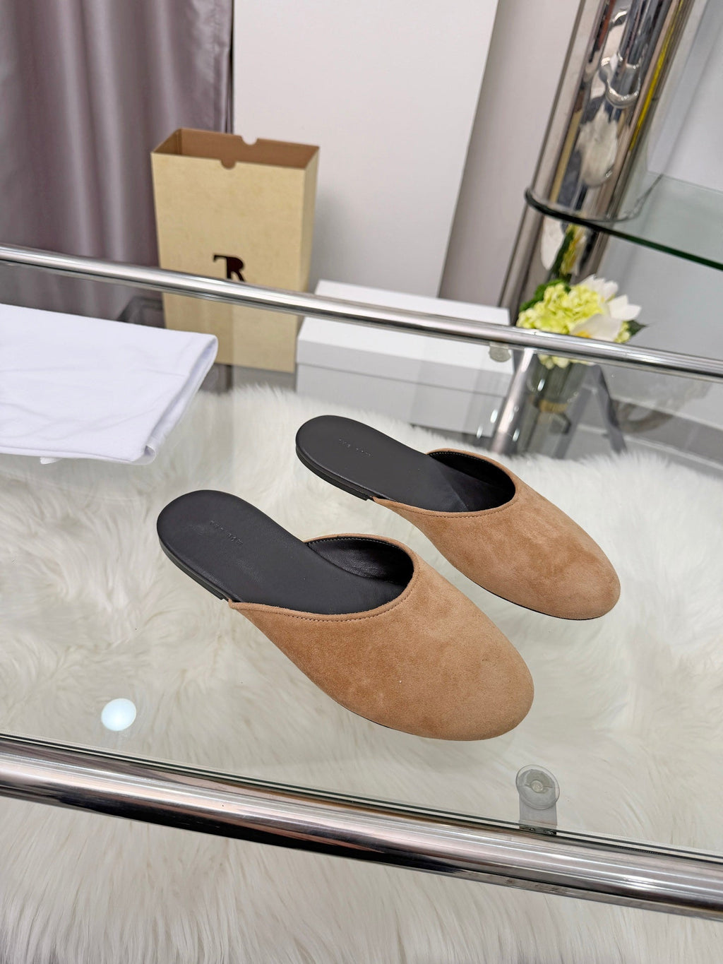 The Row Sleeper Two Slippers Beige Suede 707571