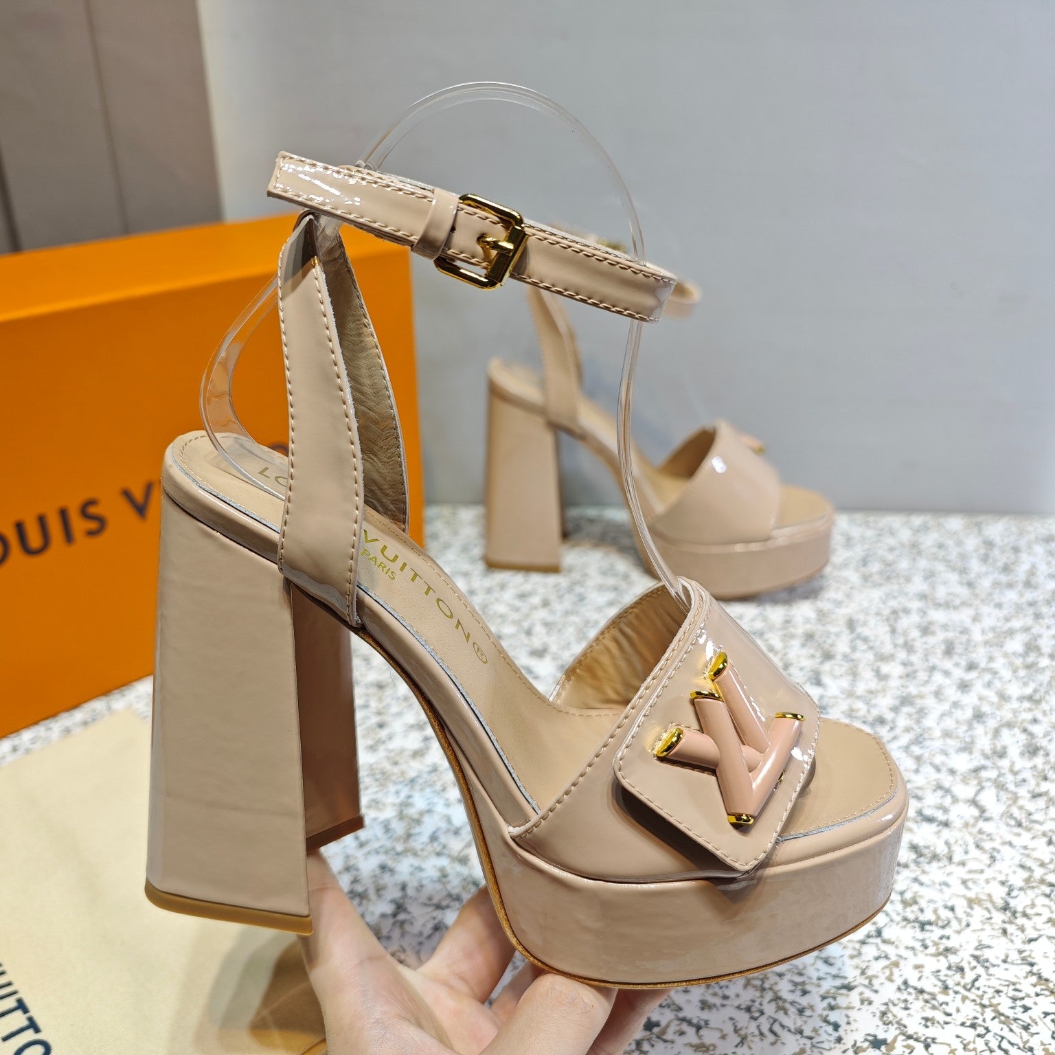 LV Shake Platform Sandal 110mm Taupe Patent Leather 456139