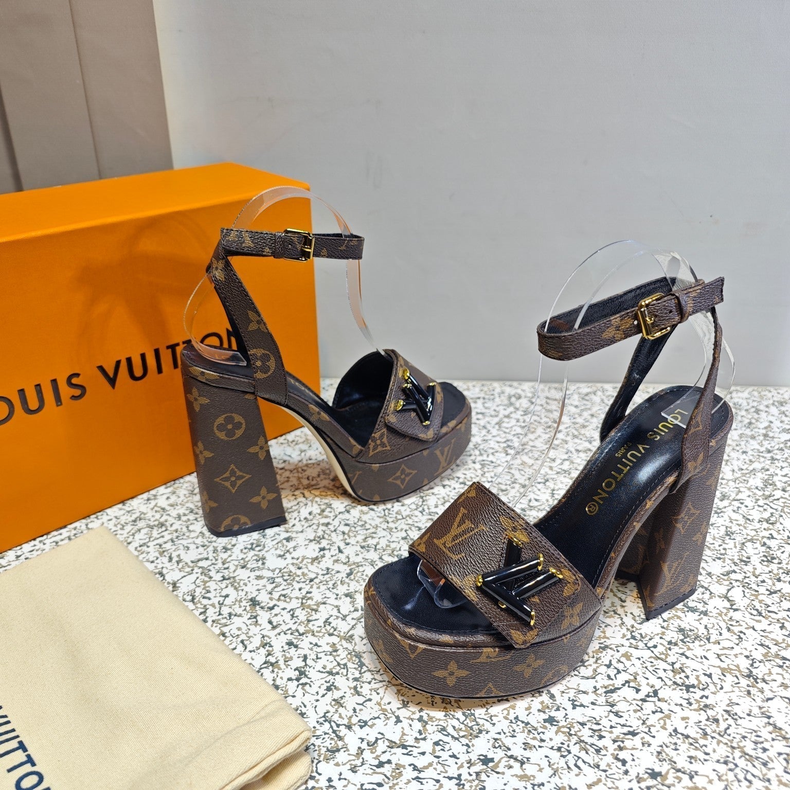 LV Shake Platform Sandal 110mm Brown Monogram Canvas 456142