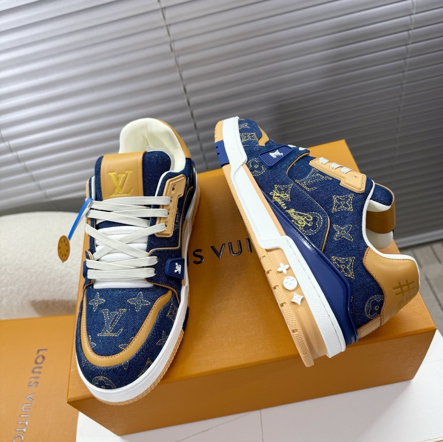 LV 1AJ360 Trainer Blue Monogram-embroidered Denim Cafskin 511760