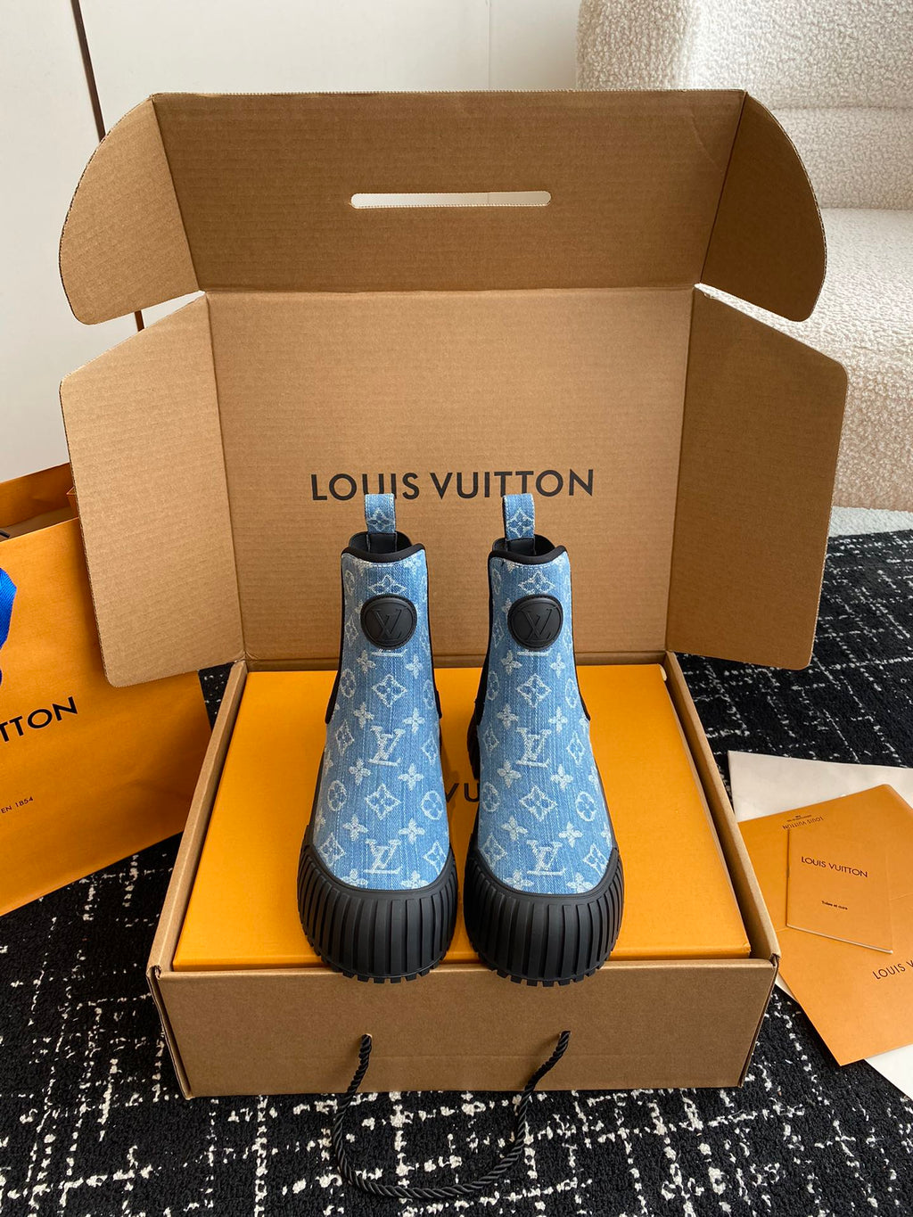 LV Ruby Flat Ankle Boots Light Blue Monogram Jacquard Fabric