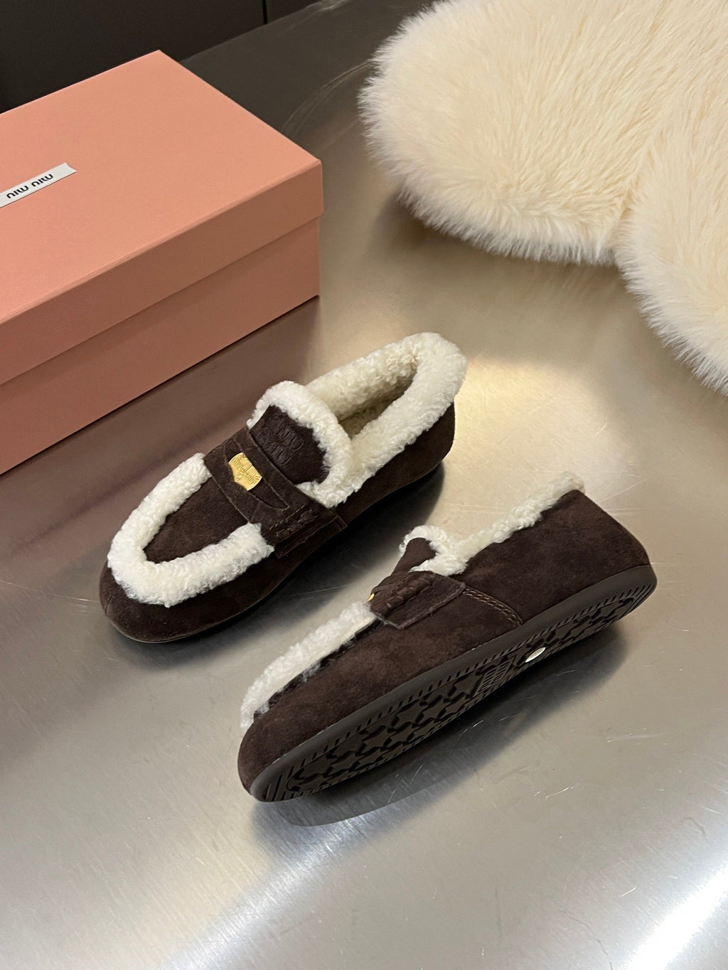 Miu Logo-Embossed Loafer Deep Neutral Suede Shearling 455916