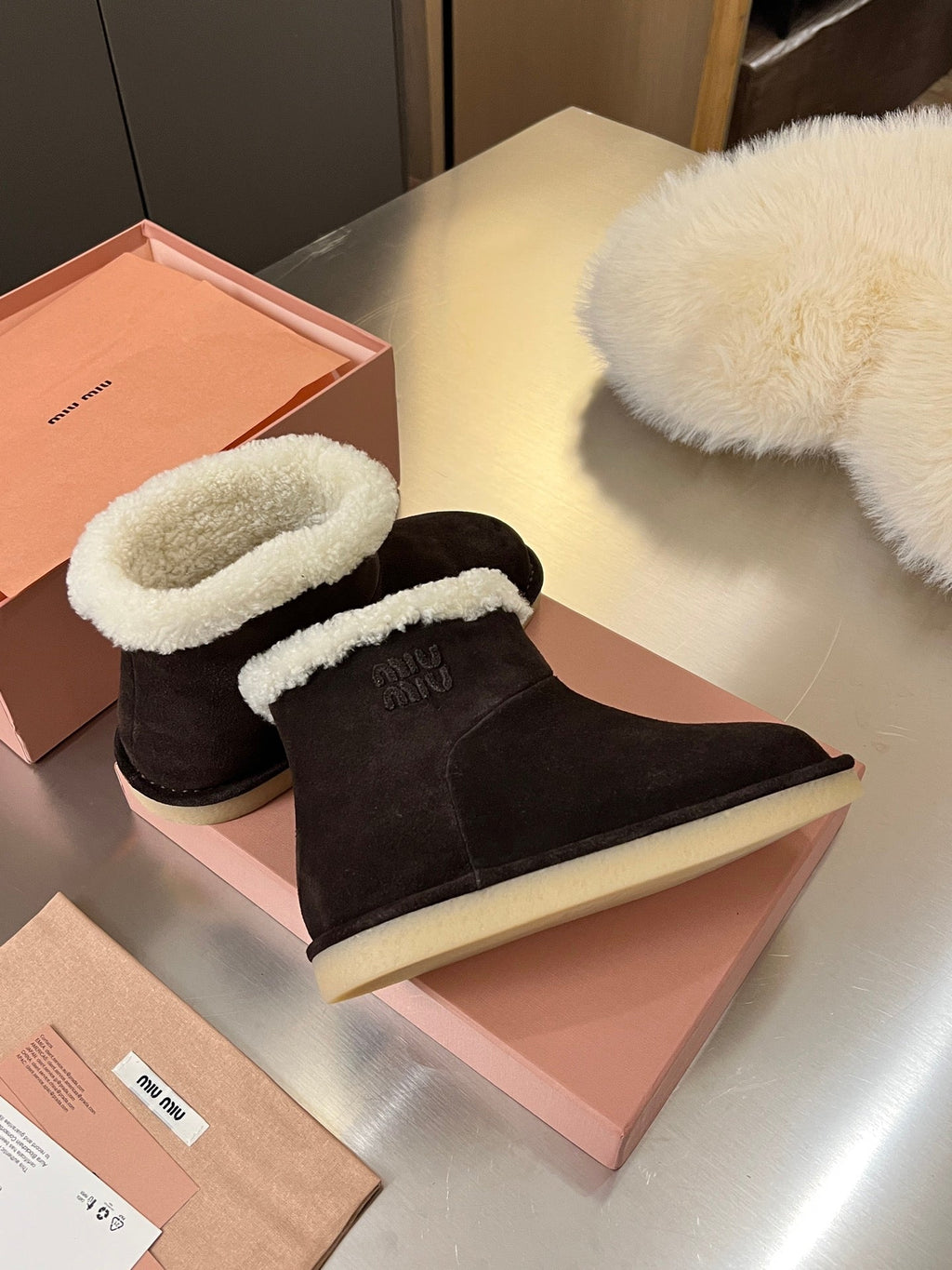 Miumiu 25 Boot Chocolate Brown Mix White Suede Wool 510222