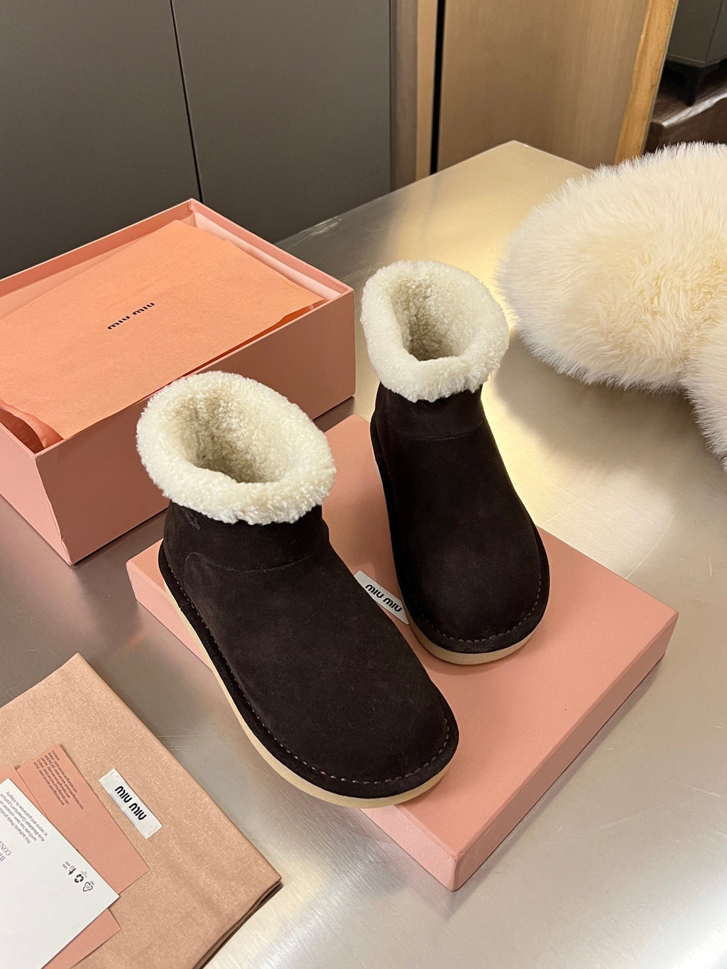 Miumiu 25 Boot Chocolate Brown Mix White Suede Wool 510222