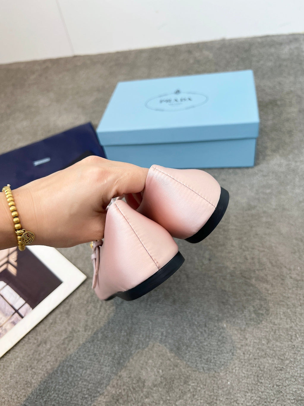 Prada 25th Double Strap Ballet Flats Light Pink Satin 564123
