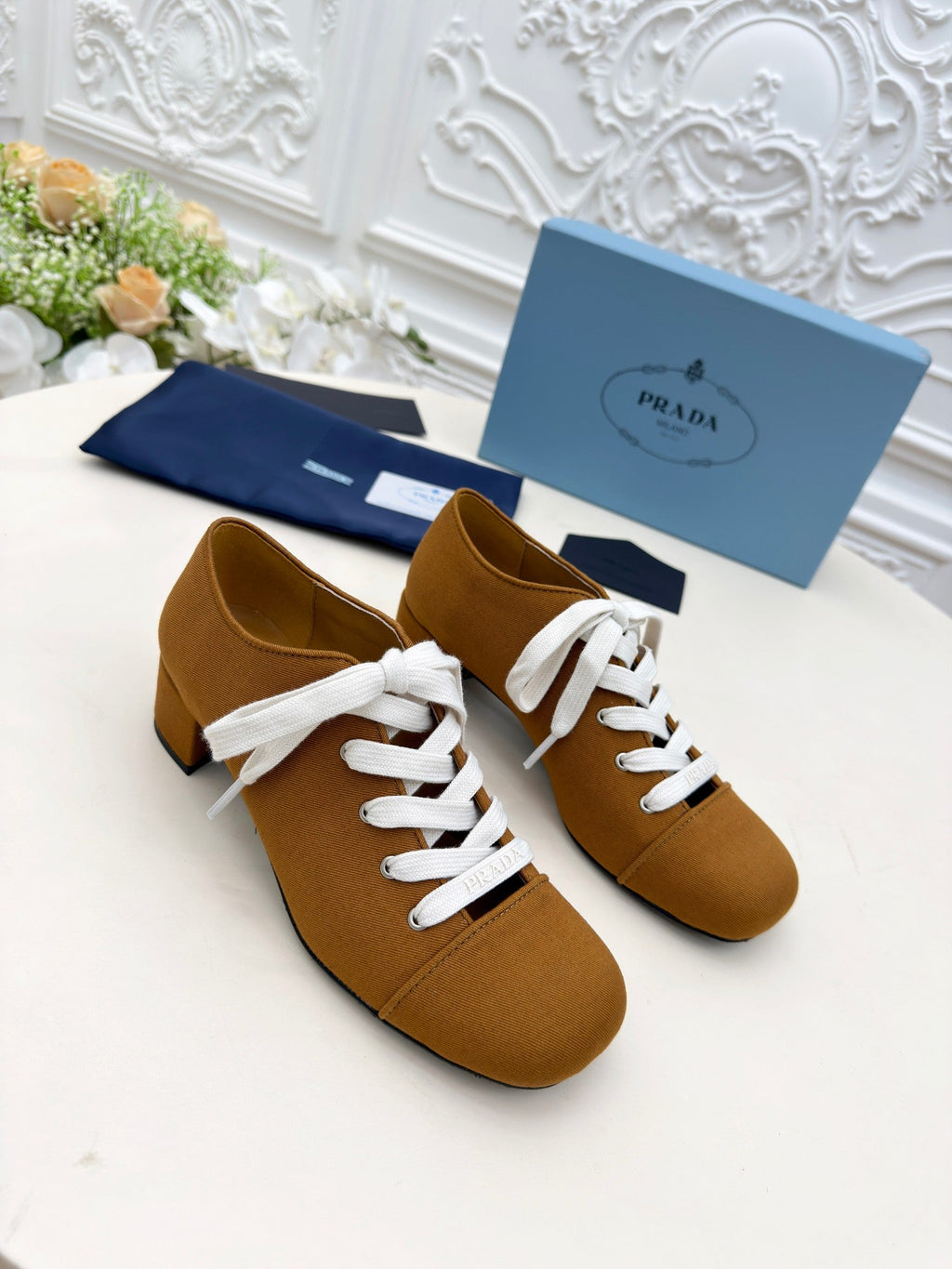 Prada 25 Mary Jane Shoes 55mm Chestnut Brown Fabric 564186
