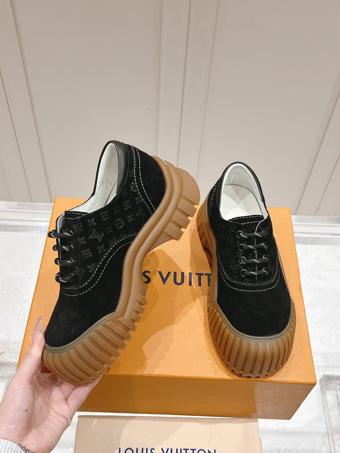 LV Ruby Flat Derby Sneaker Black Embossed Suede 480788