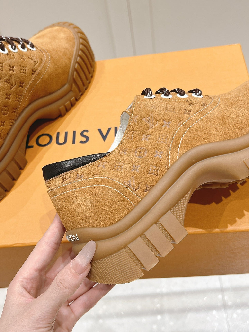 LV Ruby Flat Derby Sneaker Brown Embossed Suede 480789