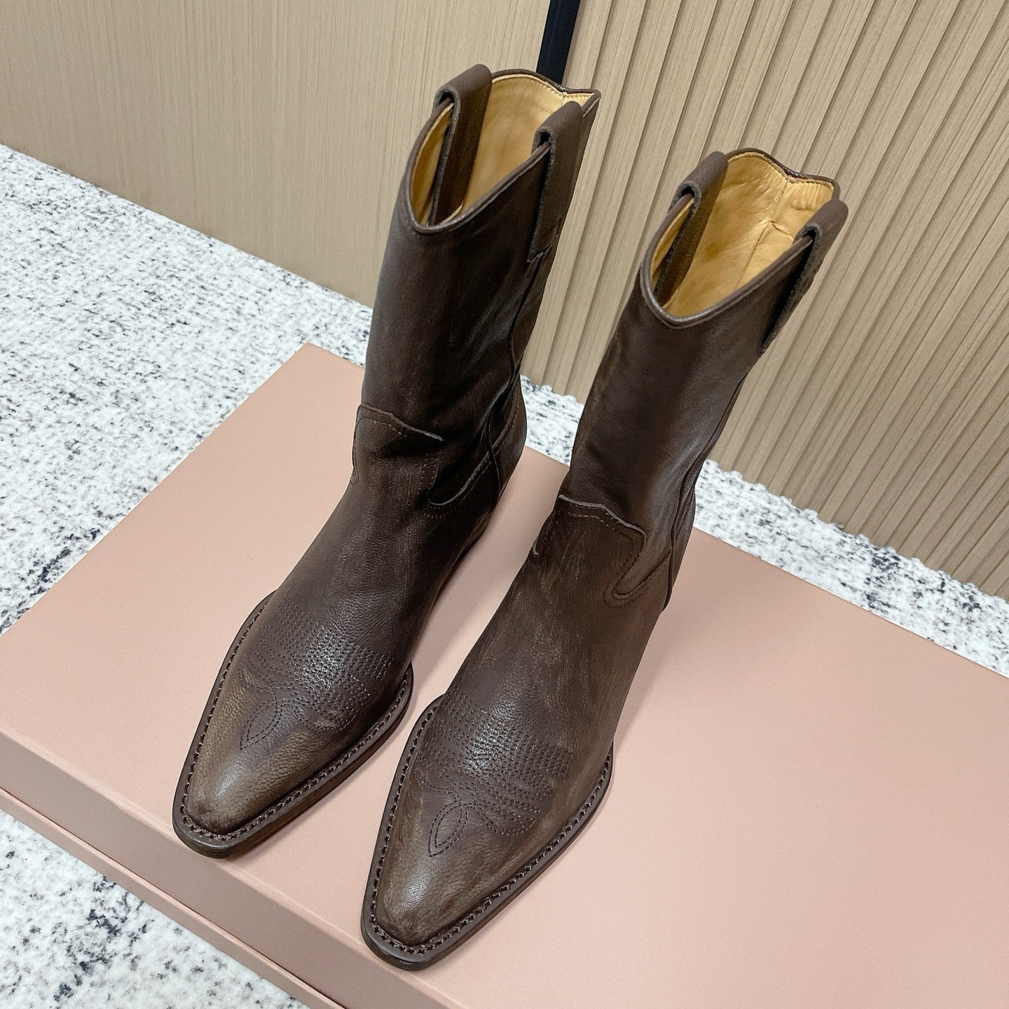 Miumiu Latest FW Western Cowboy Boots Brown Genuine Leather 533965