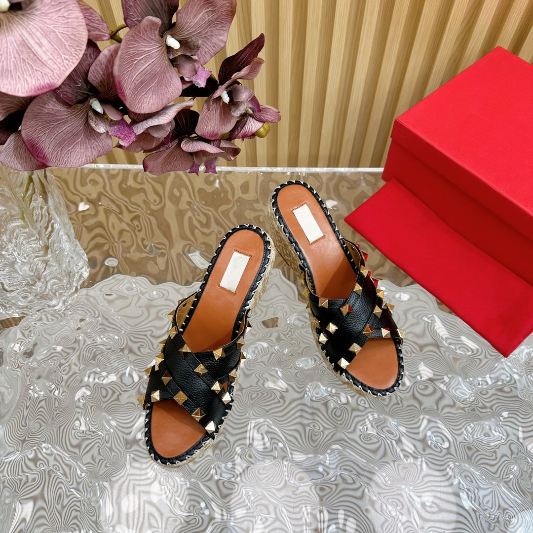 Rockstud Crisscross Espadrilles 80mm Sandal Wedges Black