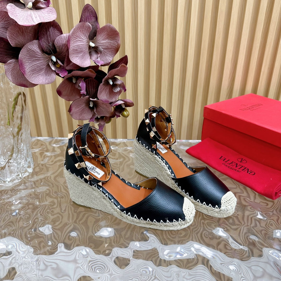 Valentino Rockstud Espadrille Sandals 95mm Black Leather 719189