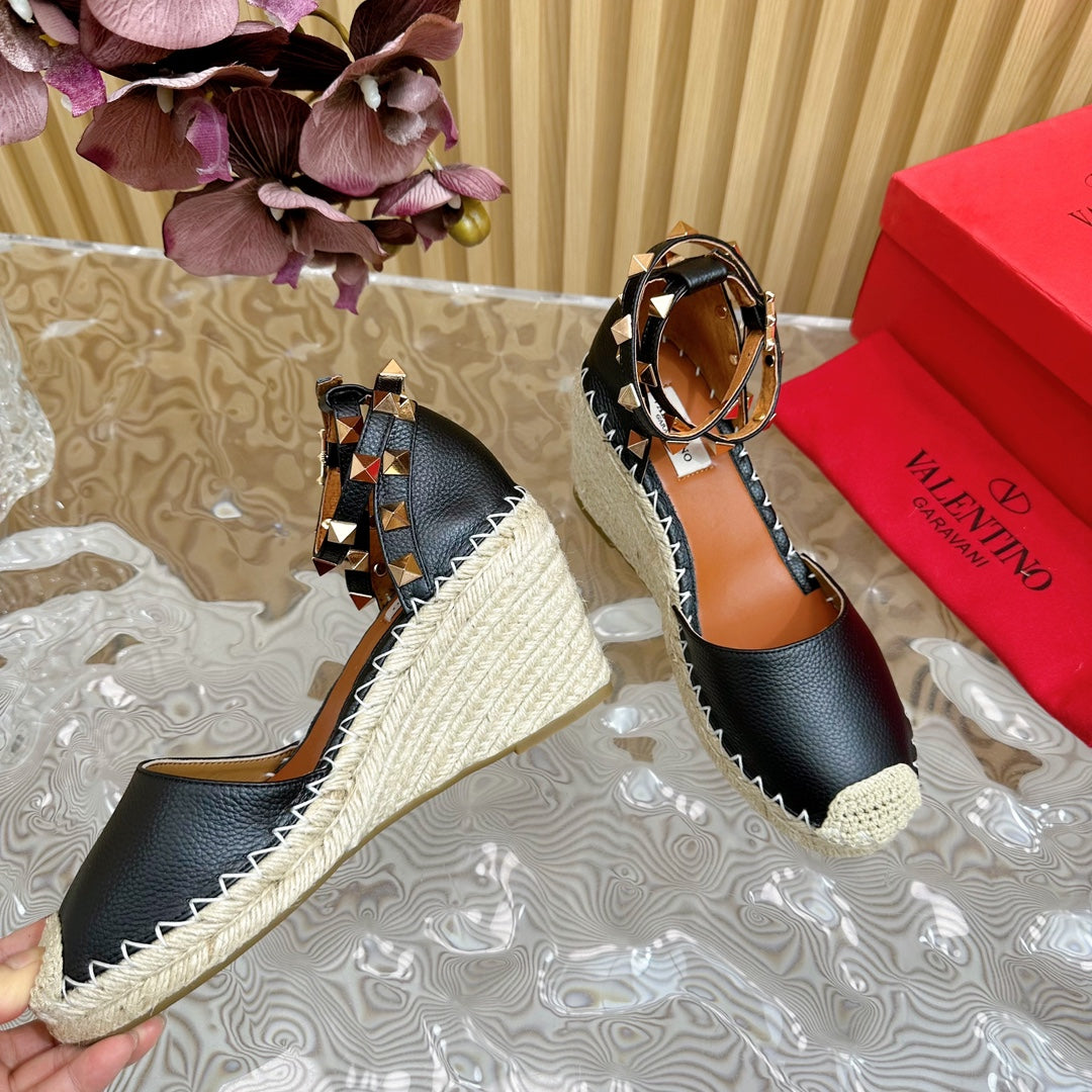 Valentino Rockstud Espadrille Sandals 95mm Black Leather 719189