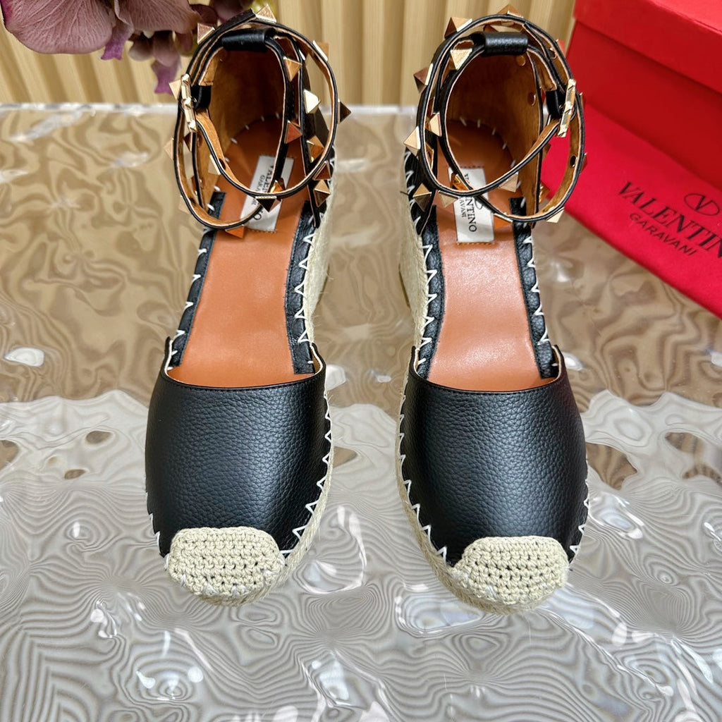 Valentino Rockstud Espadrille Sandals 95mm Black Leather 719189