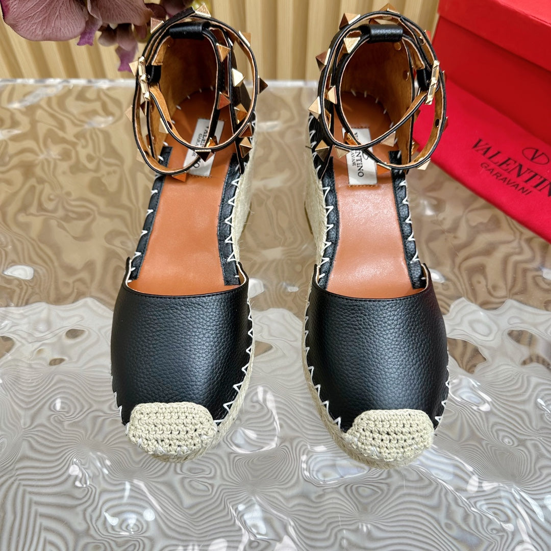 Valentino Rockstud Espadrille Sandals 95mm Black Leather 719189