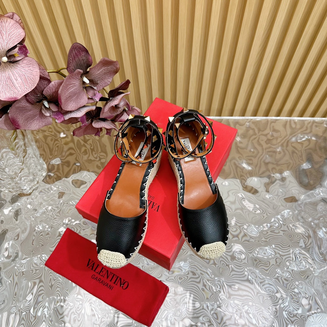Valentino Rockstud Espadrille Sandals 95mm Black Leather 719189