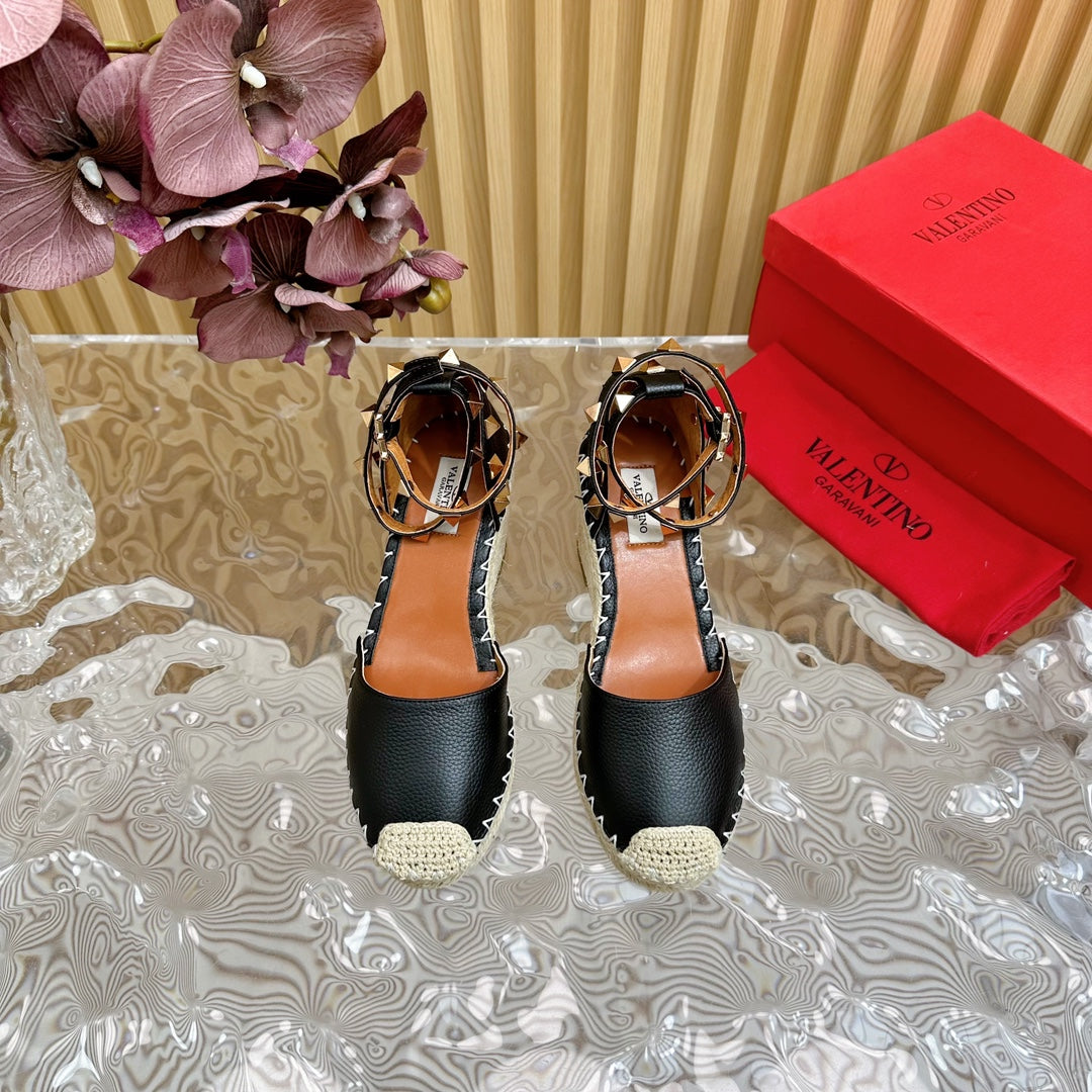Valentino Rockstud Espadrille Sandals 95mm Black Leather 719189