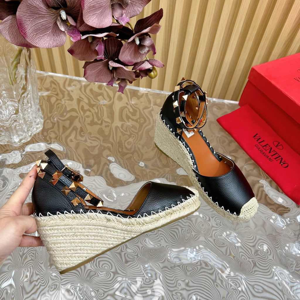 Valentino Rockstud Espadrille Sandals 95mm Black Leather 719189