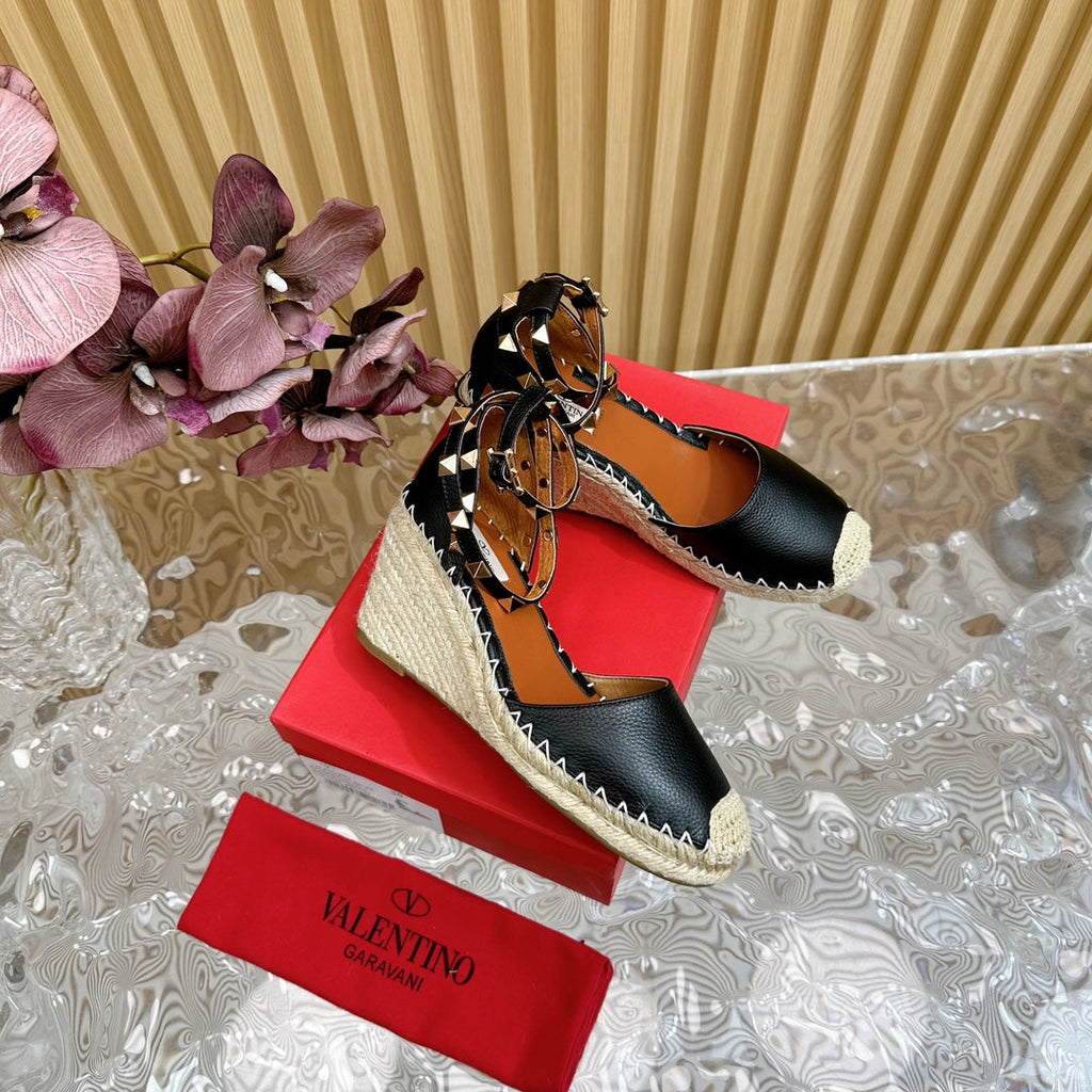 Valentino Rockstud Espadrille Sandals 95mm Black Leather 719189