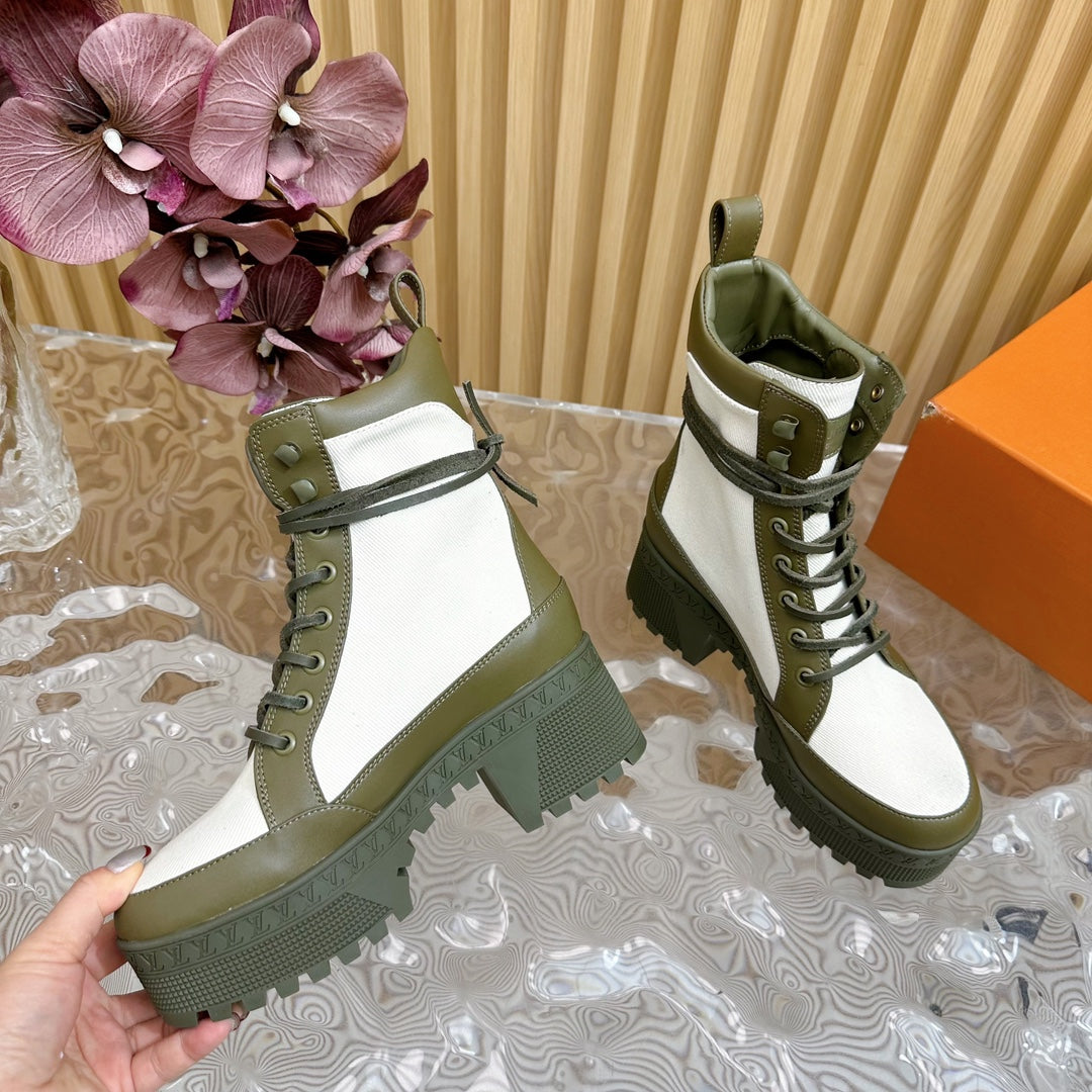 LV Laureate Platform Desert Boot 70mm White Mix Khaki Green Denim Fabric