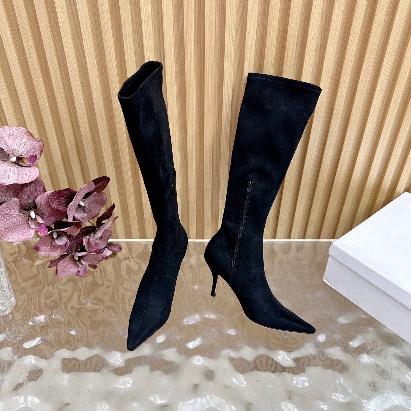 The Row Pointed-toe Knee-high Boots 70mm Black Suede 436639